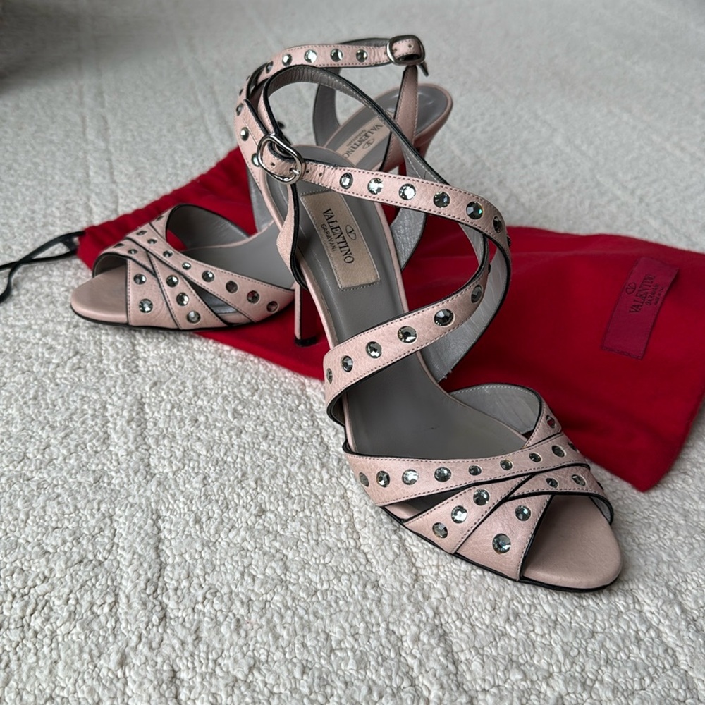 Valentino Garavani-Rose Leather Rhinestone Heels.